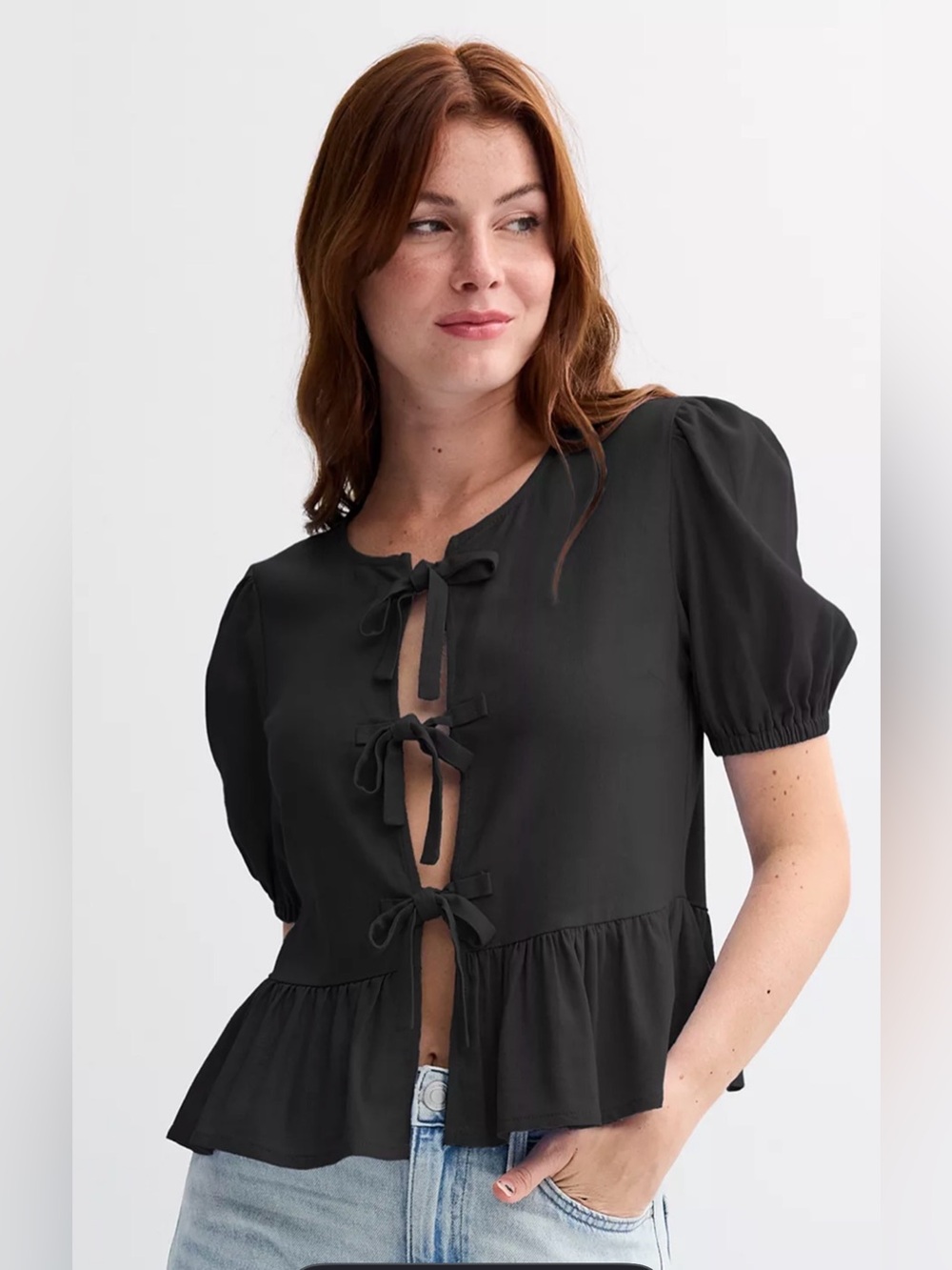 Liberty Love Black Tie-Front Peplum Feminine Coquette Linen Blend Top Medium